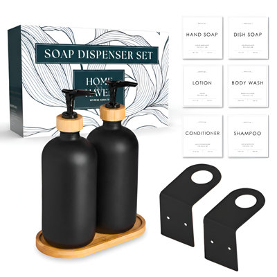 Mega Handles Glass Soap Dispenser Set (2 Pack) - 16oz Shampoo and Conditioner Bottle Set - Hand Soap and Lotion Dispenser Set for Bathroom or Kitchen - Wall Mounts & Tray Included - Black
