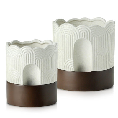 Ceramic Planter with Drainage Hole & Water Storage Plus,Relief Design Self Watering Pot for Indoor Plants,Flower Pot,Visible Water Level Fill Port,Planter with Cotton Wick,Cylinder Round Flower Pot(Beige & Brown/Set of 2)