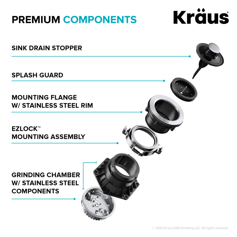  KRAUS WasteGuard 1 HP Continuous Feed Garbage Disposal with Ultra-Quiet Motor for Kitchen Sinks with Power Cord and Flange Included