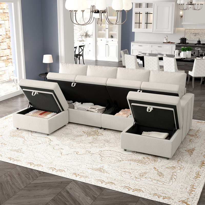 Canapé modulaire rembourré avec rangement Rafael, Chenille beige