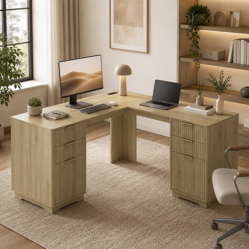 Bureau de direction en L 59,8 po avec prises intégrées et 6 tiroirs de rangement, Naturel