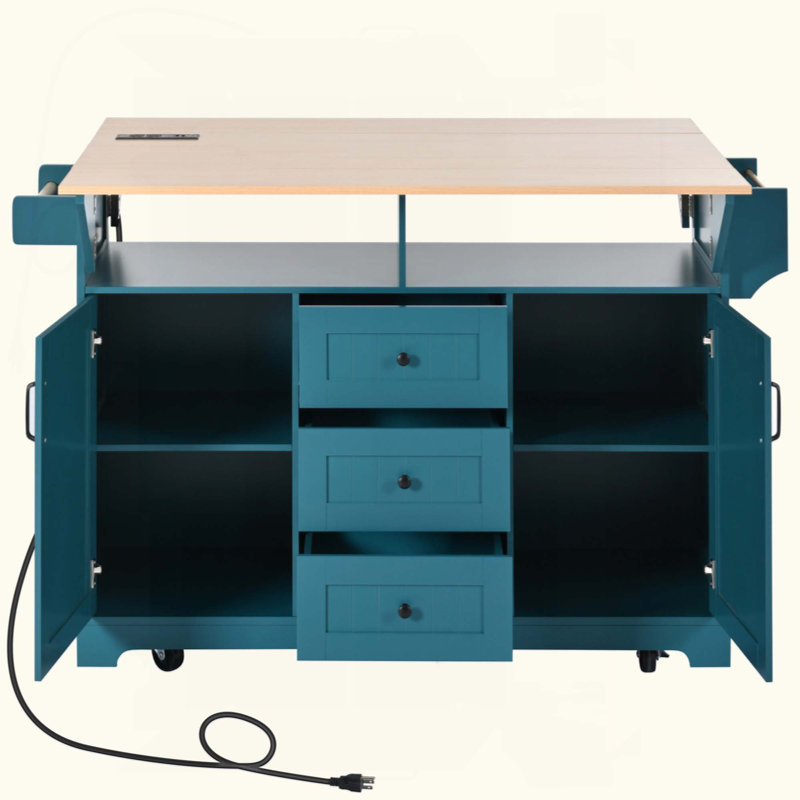 Kitchen Island With 2 Drop Leaf,, Rolling Kitchen Cart On 5 Wheels With Power Outlet, Folding Storage Dining Table With Spice & Towel Rack , 3 Drawers, For Kitchen, Dining Room
