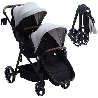 Tandem Double Stroller Newborn and Toddler, Foldable Twin Stroller with Reversible Seat, 5-Point Safety Harness, Adjustable Backrest & Canopy, Storage Basket