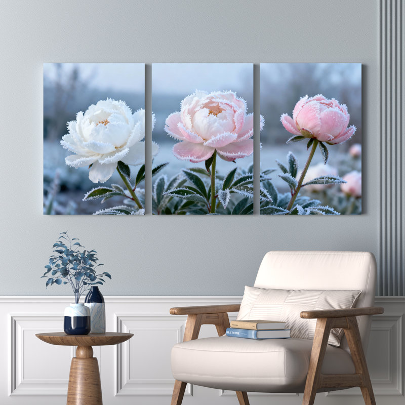 Ensemble de 3 pivoines couvertes de givre sur toile tendue sur toile, H 24 po x l 48 po