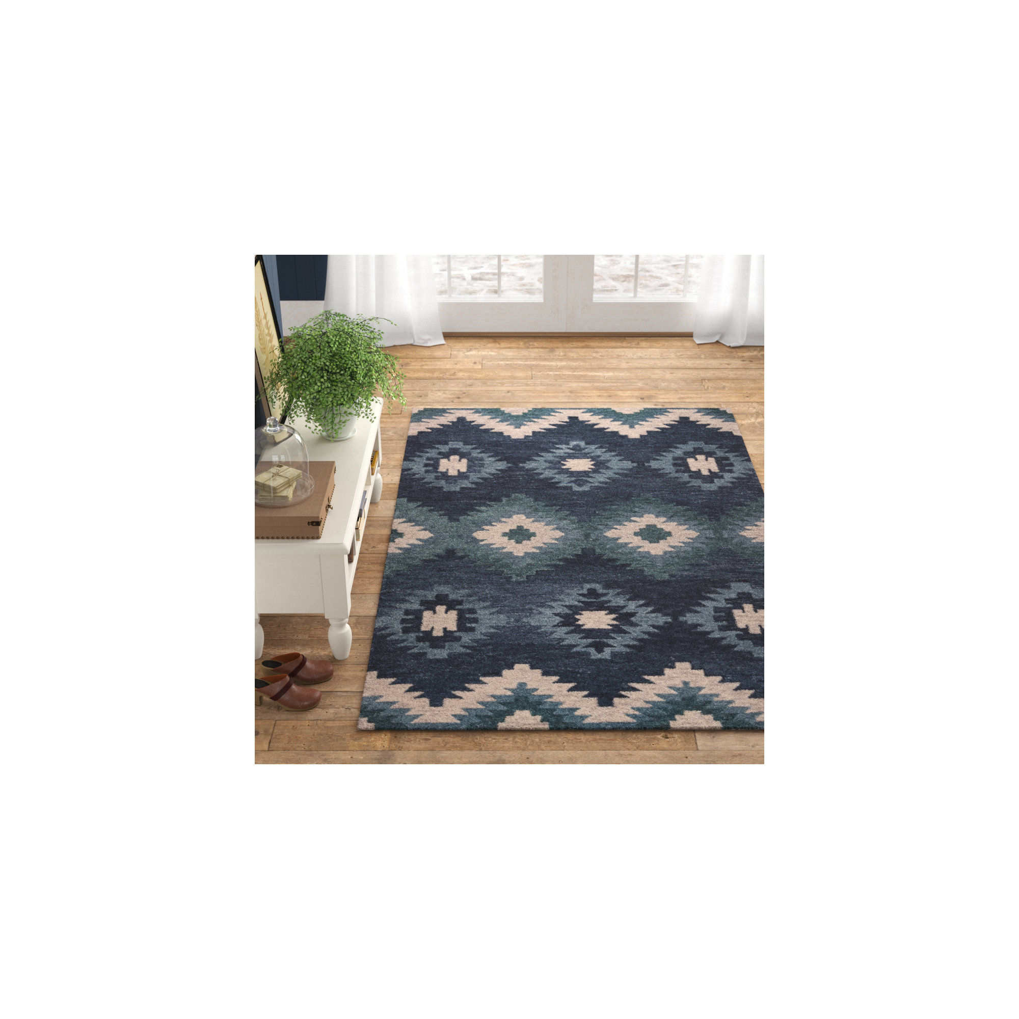 Doretta Handmade Wool Blue/Teal/Beige Rug, Rectangle 5' x 8'