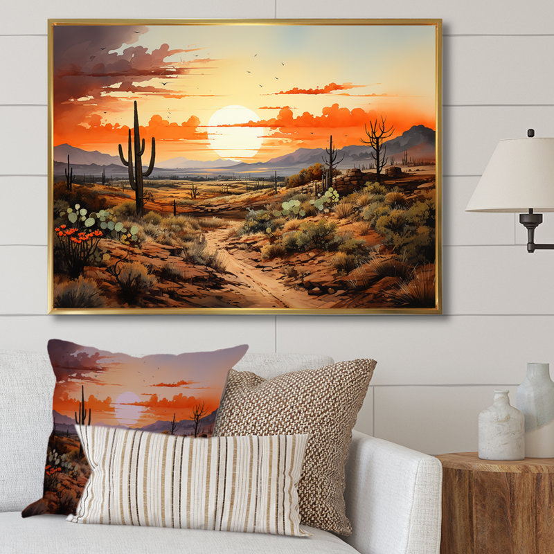 Silhouette orange, Cactus, lever de soleil - Cactus, art mural, Cadre flottant doré, H 34 po x l 44 po x P 1,5 po