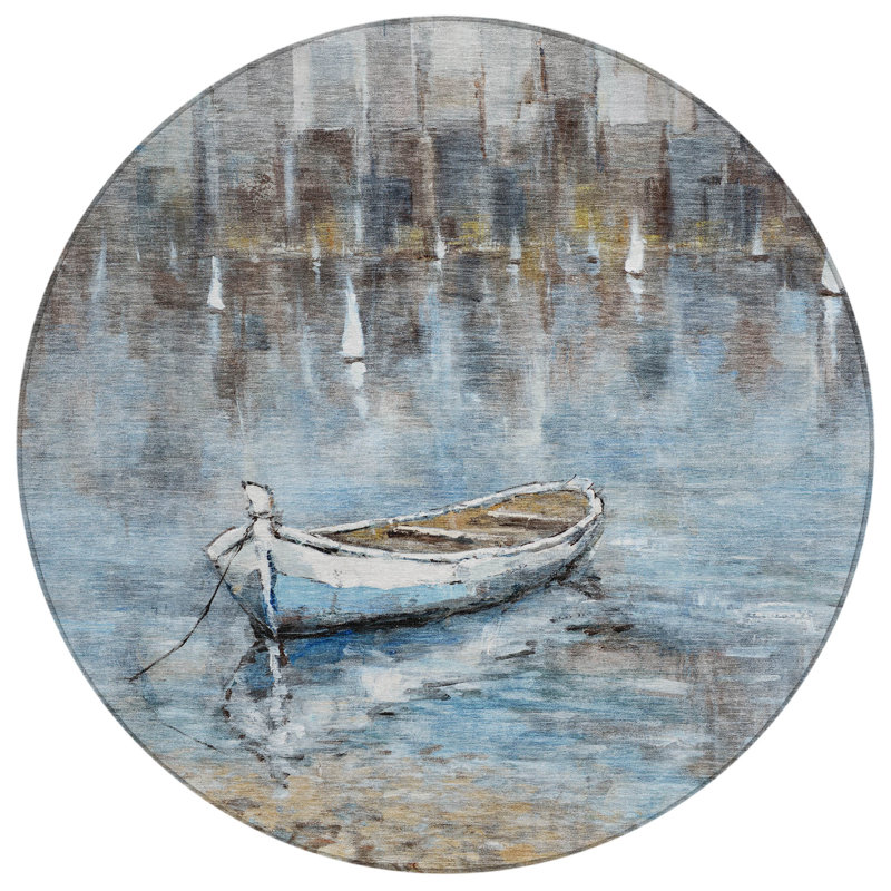 Machine Washable Indoor/Outdoor Xhevrie Blue Rug, Round 8'