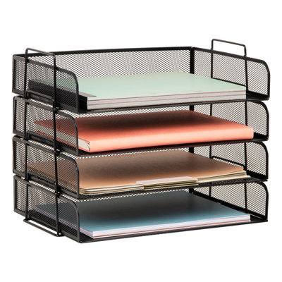 Stackable Paper Tray, Desktop Organizer, File Storage, Office, Metal Mesh, 4 Pcs., Silver