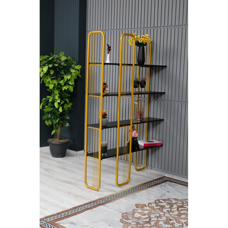 Baugus 180cm H x 125cm W Standard Bookcase, Black/Gold