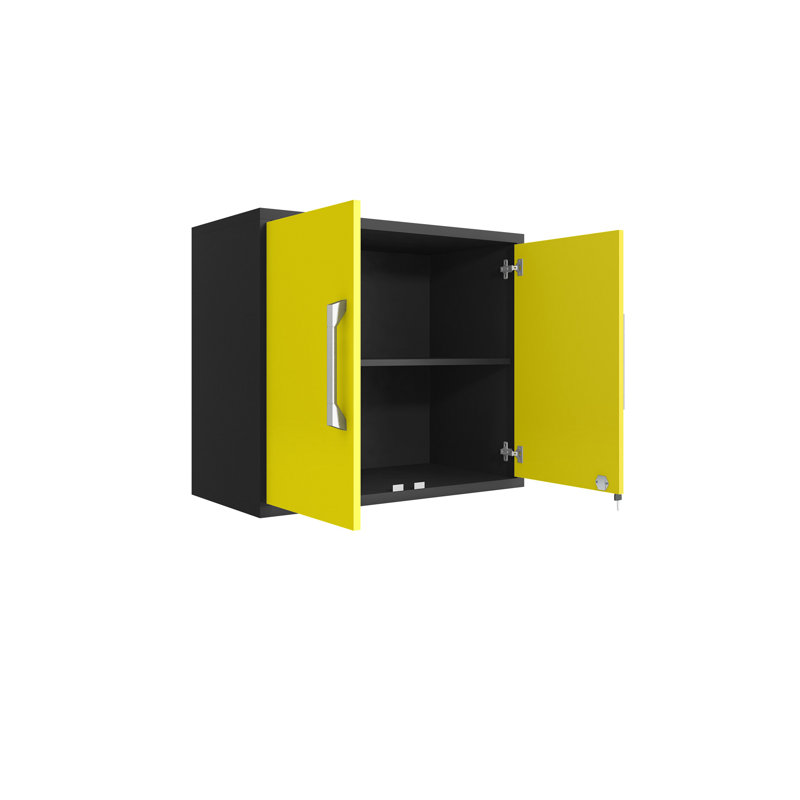 Eiffel 28" Modern Floating Garage Cabinet Set with Removable Shelves in Yellow, Matte Black/Yellow