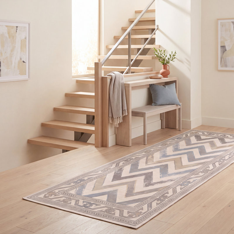 Tapis Fenwick moderne à rayures effet pinceau, bleu, gris et beige, lavable à la machine, antidérapant, à poils courts, pour intérieur et extérieur, adapté aux animaux domestiques, idéal pour le salon, la chambre, la salle à manger, l'entrée, le corridor ou le bureau.