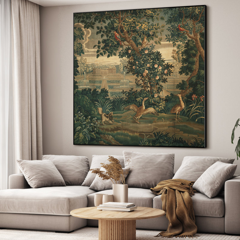 Très grande reproduction d'art sur toile - Tapisserie, scène de jardin botanique ornée avec des oiseaux, décoration pour le salon ou la chambre à coucher - «Assemblage requis du cadre (cadre non fini)»