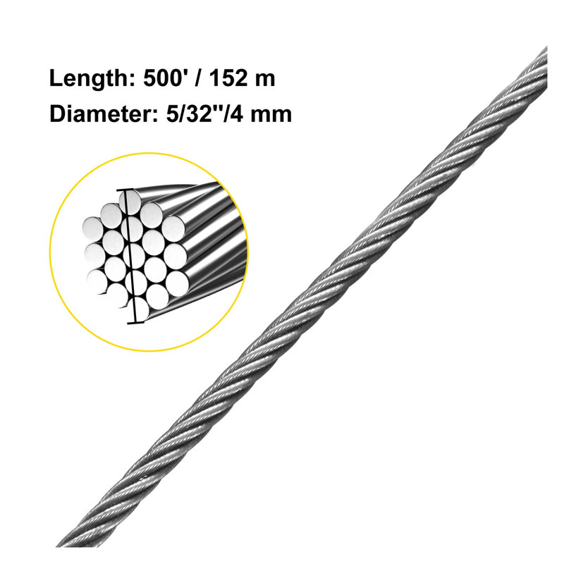 Câble en acier inoxydable de qualité marine 500 pi T316 - Acier tressé robuste de 5/32 po pour balustrade de terrasse, main courante et balustrade de bricolage