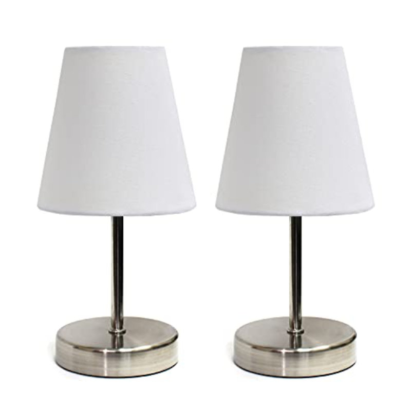 Amandev Simple Designs Sand Nickel Mini Basic Table Lamp with Tapered Fabric Shade, White