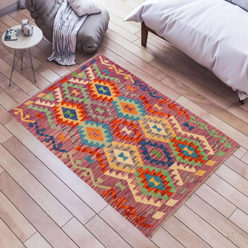Tapis mauve / bleu / gris en laine noué à la main 3 pi 6 po x 4 pi 9 po Soderlund