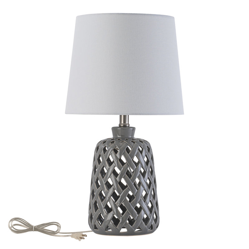 20" Gray Ceramic Table Lamp With Hollow Cut-Out Base, 3-Way Rotary Switch & Fabric Shade, Gray