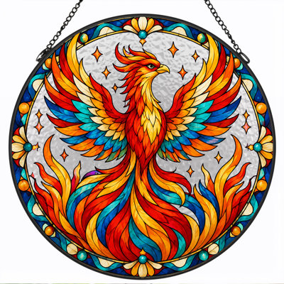Colorful Phoenix Bird in Stained Glass Circle Canvas Wall Art