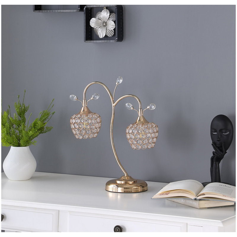 17.25" Rose Gold 2-Floral Bell Glam Metal Table Lamp