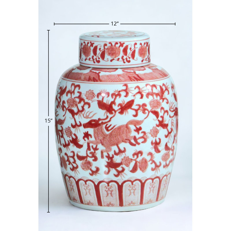 15" Porcelain Ginger Jar with Chinoiserie Deer Design, Red