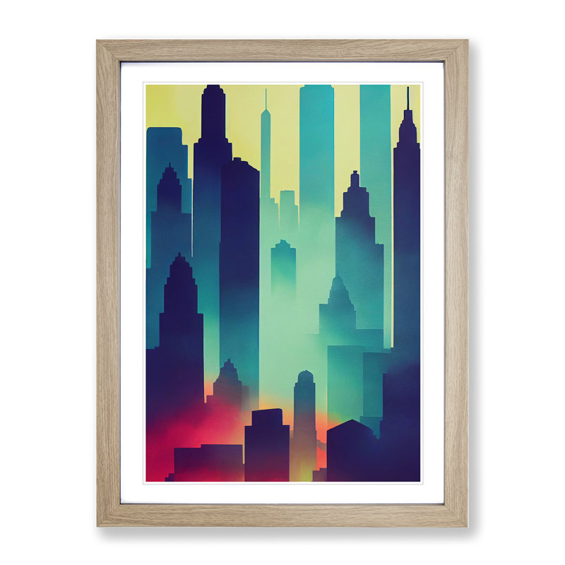 City Skyline Watercolour No.6 Abstract - Single Picture Frame Painting, 64cm H x 46cm W x 2cm D, Oak