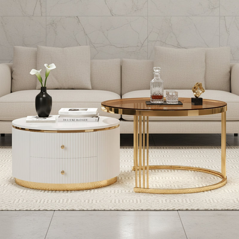 Table basse gigogne 2 pièces avec tiroirs et plateau en verre