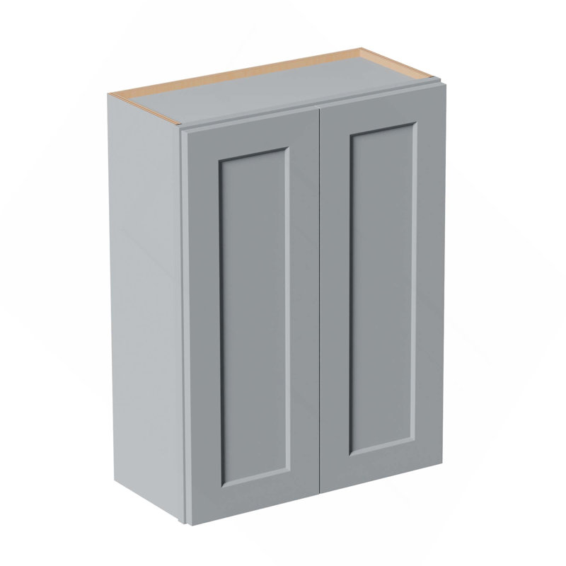 27-Inch Solid Wood Wall Cabinet With Soft-Close Doors & Adjustable Shelves For Kitchen, Bathroom, Laundry, Gray