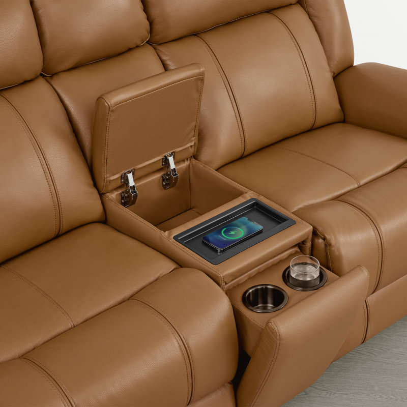 2-Seat Dual Motor zero clearence recliner Genuine Leather Power Recliner Sofa With Power Headrest And Console, Saddle