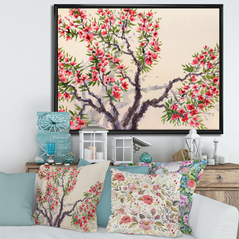 Fleurs rouges sur l'arbre en fleurs I - Peinture sur toile, Cadre noir, H 30 po x l 40 po x 1,5 po