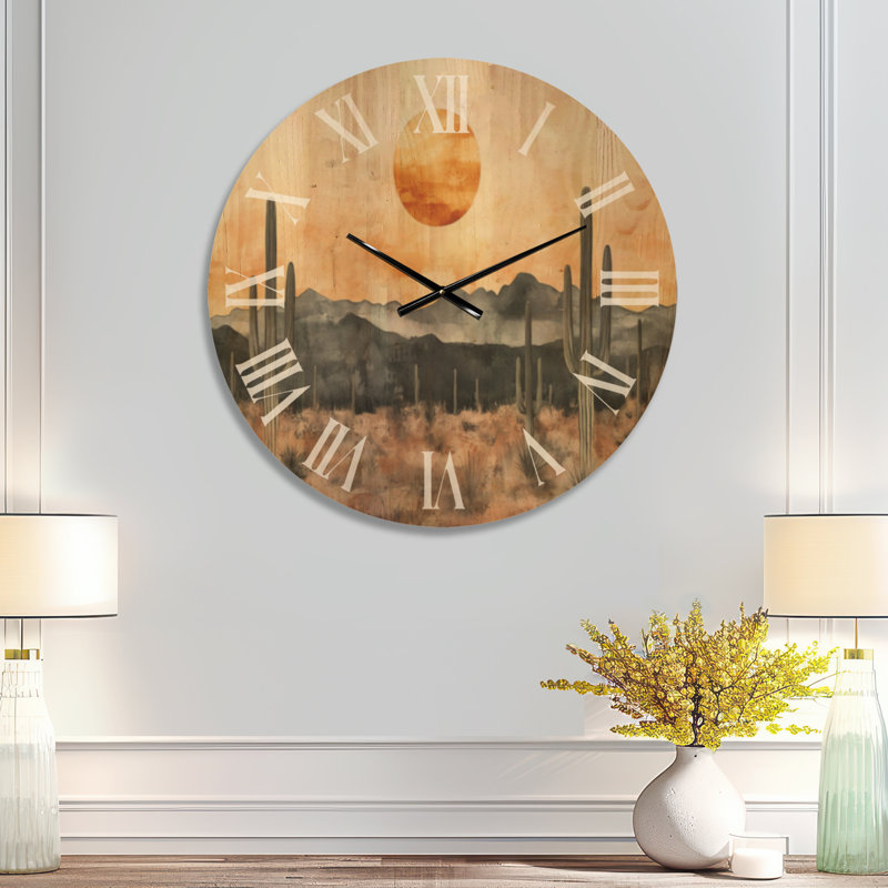 Horloge murale botanique en bois - Silhouette horizon du désert, Medium