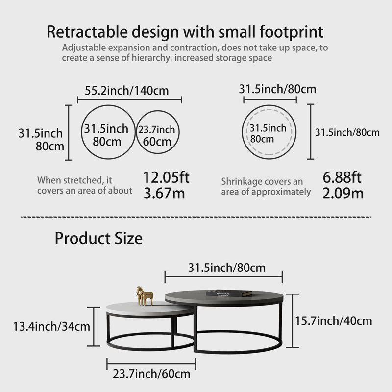 Set of 2 Nesting Coffee Tables for Small Spaces, 80cm Large & 60cm Small Round Table with Metal Frame, Ideal for Flats, Rentals (Grey & Walnut Options)，Fast Dispatch From UK Warehouse — 2 Working Days