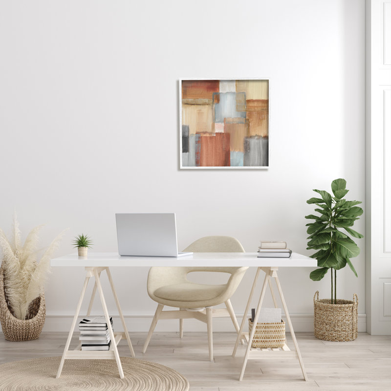 " Layered Patchwork Abstraction Neutral Brown Gray " by Nan, 24" H x 24" W, White Framed
