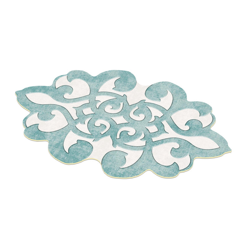 Tapis bleu sarcelle / blanc en polyester tissé à la machine Novelty, Nouveauté 3 pi 3 po x 5 pi 3 po