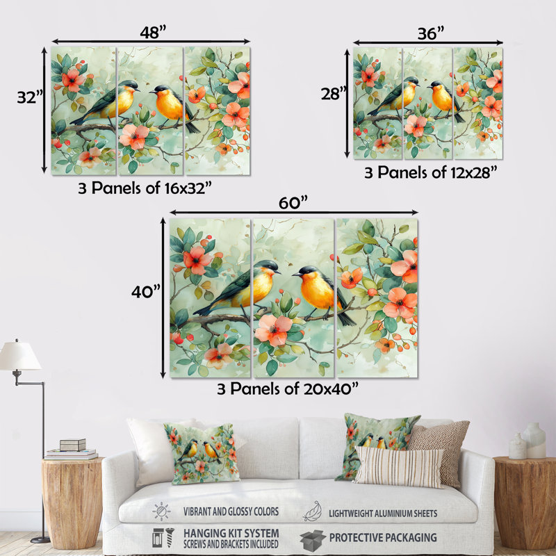 Ensemble de salon art mural jaune et vert avec oiseaux Eden I, Métal métal, H 28 po x l 36 po x P 1 po