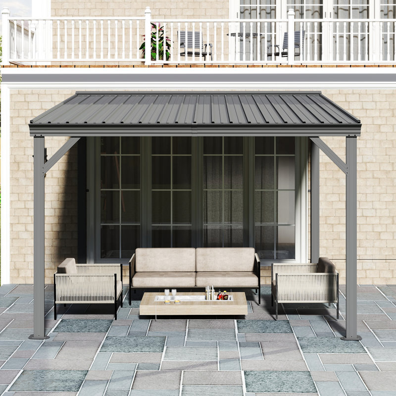 Patio Gazebo Lean to Wall Mounted Pergola with Sloping Galvanized Steel Roof, 94.68" H x 120" W x 120" D, Gray