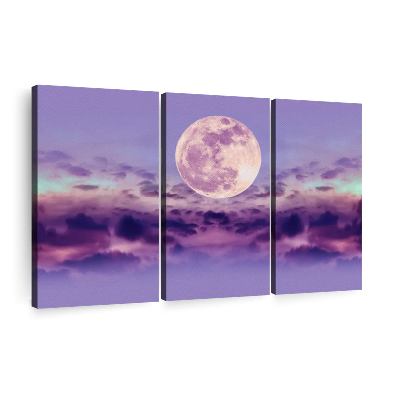 «Purple Twilight Full Moon», 3 pièces sur toile, H 42 po x l 65 po x P 1,25 po