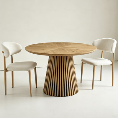 Table de salle à manger ronde en bois + ensemble de chaises en bois de frêne (housse de siège beige pâle)
