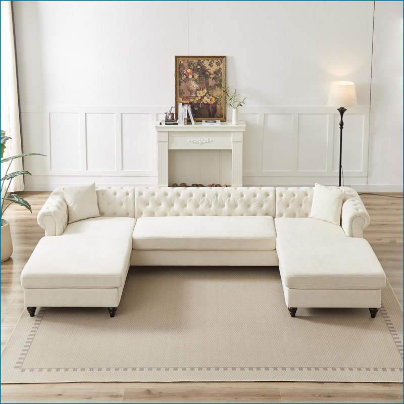 Canapé modulaire en chenille 3 pièces 135,5 pouces en U avec deux chaises modulaires | Salon / chambre à coucher / salon | Chenille | Beige