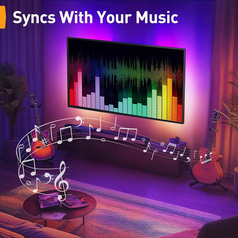 Support mural pour téléviseur à mouvement complet pré-assemblé avec lumières DEL Sync de Perlegear, inclinaison pivotante pour téléviseurs de 26 à 65 po, charge de 99 lb, VESA 400 x 400 mm, compatible avec les montants de 12/16 po