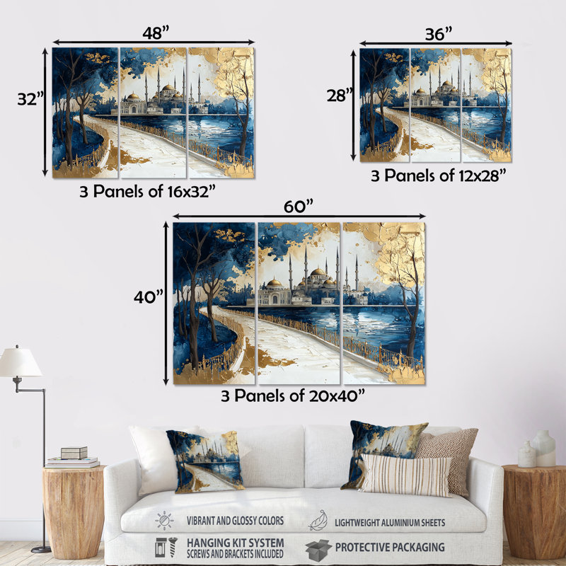 «Blue City», art mural bleu, paysage urbain d'Istambul, Métal métal, H 40 po x l 60 po x P 1 po