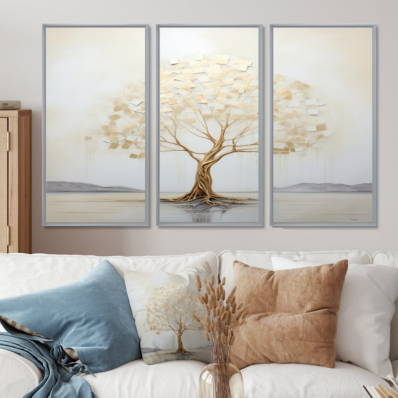 Arbre doré dans un lac au début du printemps II - ensemble de salon art mural arbre, Encadrement argenté