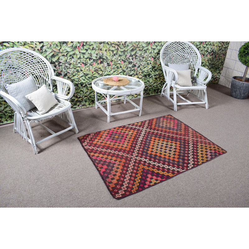 Handwoven Vintage Anatolian Kilim Rug with Geometric Designs in Authentic Wool