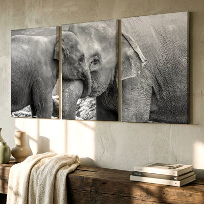 3 Pieces Elephant Family Black and White Large Wall Art, Three Pieces Wall Art for Living Room, Bedroom, and Office Decor, Ready to Hang, Framed Look