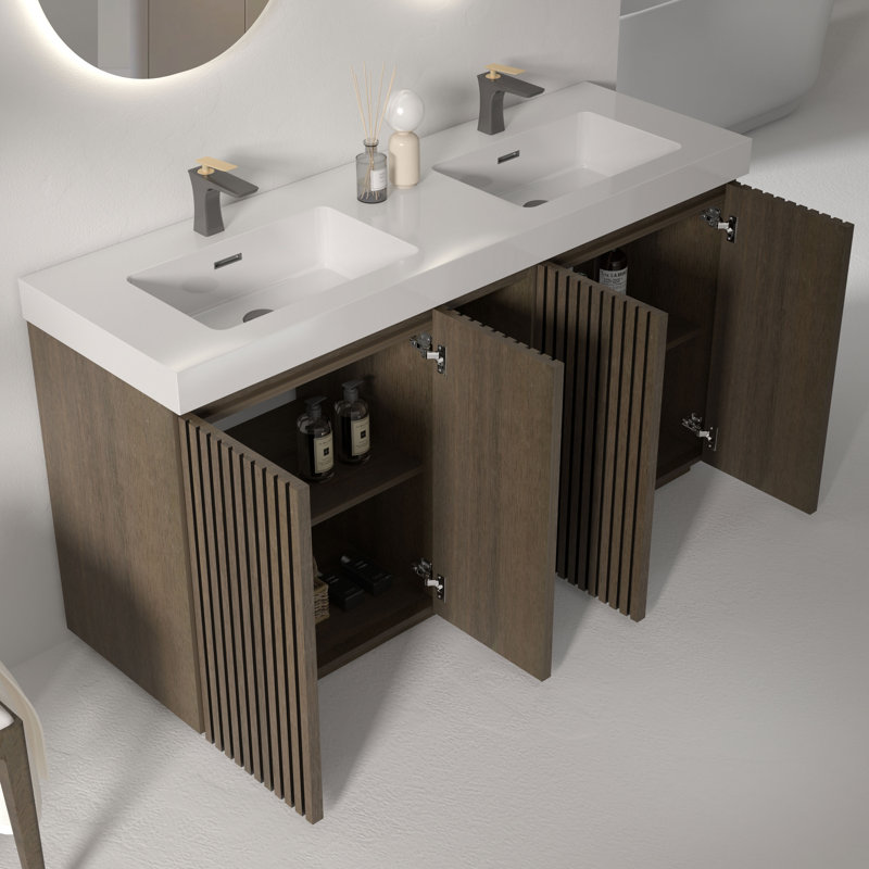60"  Double Bathroom Vanity with Solid Surface Top, Smoked Oak Brown , 60", White/Dark Brown, Single-Hole
