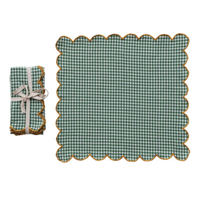 Ensemble de 4 serviettes de table carrées festonnées en coton avec bords contrastants et motif à carreaux, vert, blanc et moutarde