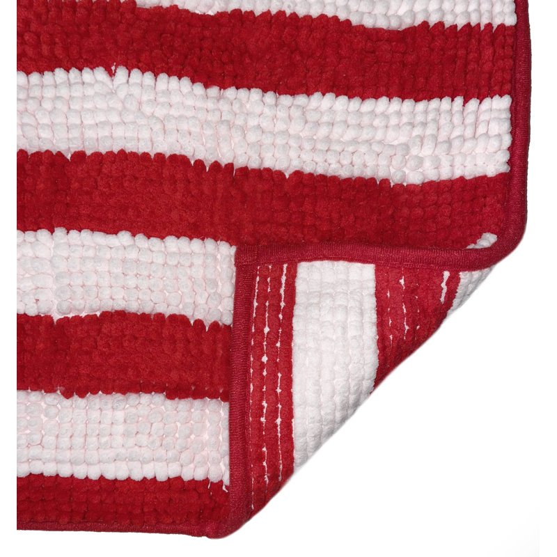 Ensemble de 2 tapis de salle de bain en chenille douce et moelleuse à rayures rouges, Rouge