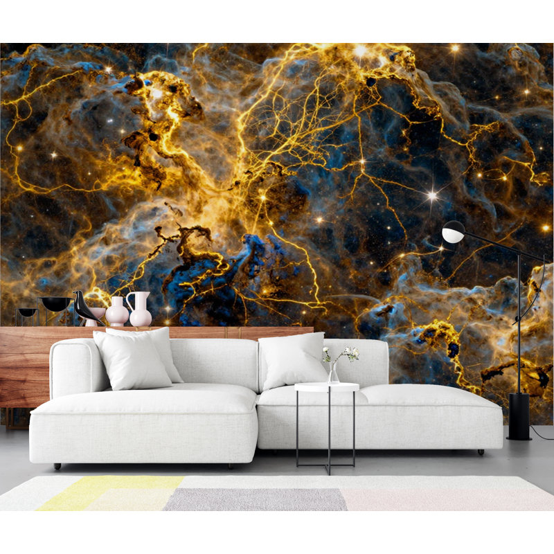 Papier peint abstrait nébuleuse cosmique, galaxie murale or liquide, décor d'espace luxueux, peler et coller céleste