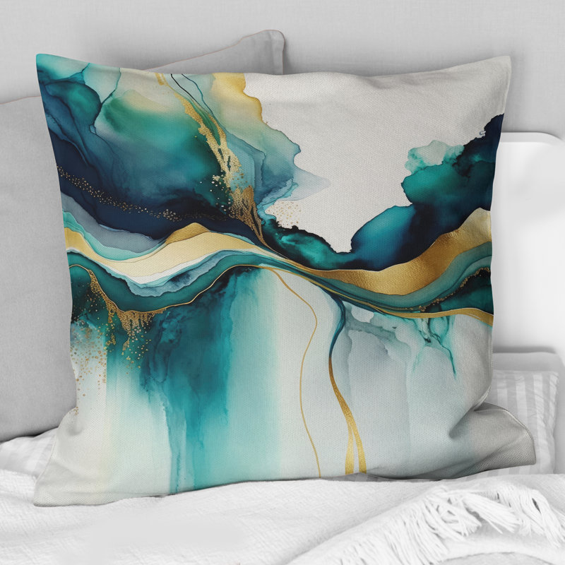 Teal and Gold Abstract Expression I - Oreiller imprimé abstrait à encre liquide, H 16 po x l 16 po, Carré
