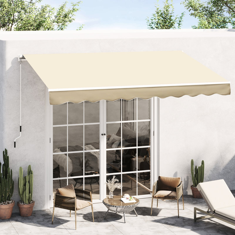 Auvent de balcon beige rétractable 10 pi x 8 pi, parasol avec manivelle manuelle, et tissu hydrofuge, pour terrasse, cour, cadre de patio en aluminium Balcon, cour