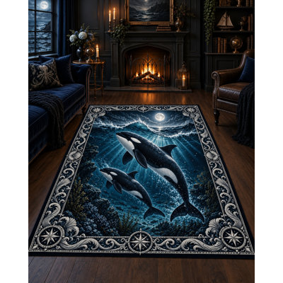 Tapis « Ultra Fin » 152 x 213 cm (5 pi x 7 pi) à motif d'orques au clair de lune, idéal pour la chambre, le salon et le bureau à domicile. Moquette douce à poils courts avec envers antidérapant en silicone.