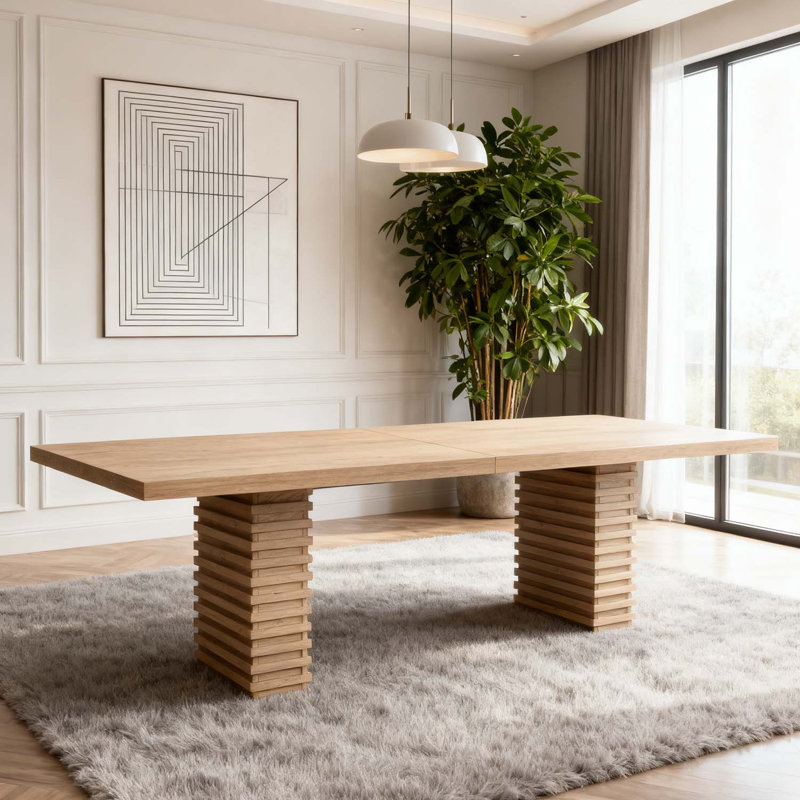 Modern Dining Table With Robust Double Pedestal, Natural Ash